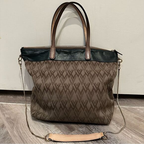VALENTINO Tote All Over Print Green Beige Crossbody  Zip Top Pocket Large - Picture 1 of 11